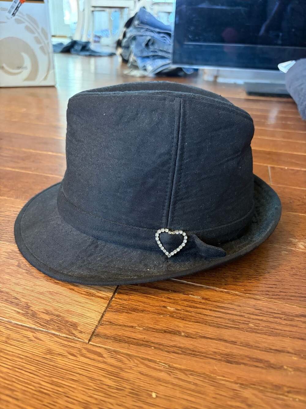 Fedora Hat One Size Black Cotton Heart Rhinestone Charm
